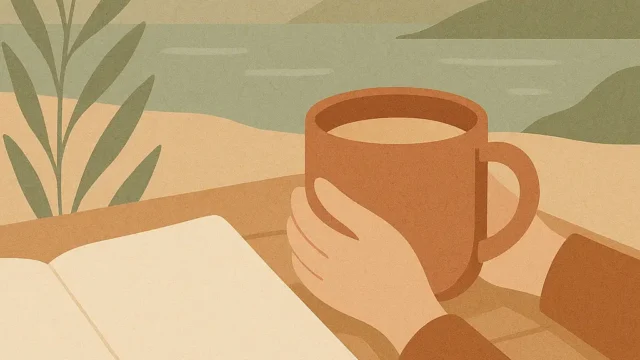 ภาพบันทึกความกตัญญูและแก้วกาแฟในบรรยากาศธรรมชาติ