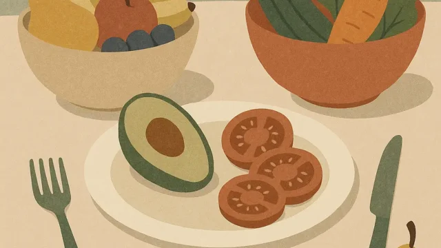 การกินอาหารอย่างมีสติกับผลไม้และผักสดบนโต๊ะที่ตกแต่งอย่างสงบ